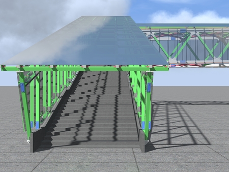 Modern elevated pedestrian crossing of glass and metal. 3D rendering. Structure of metal beams, concrete columns and glass.の写真素材