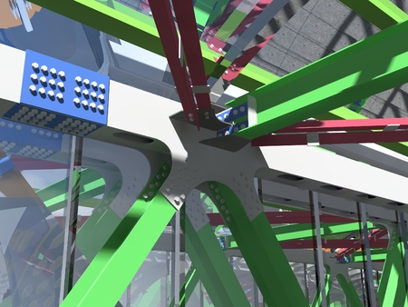 Modern elevated pedestrian crossing of glass and metal. 3D rendering. Structure of metal beams, concrete columns and glass.の写真素材