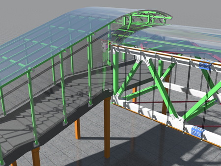 Modern elevated pedestrian crossing of glass and metal. 3D rendering. Structure of metal beams, concrete columns and glass.の写真素材
