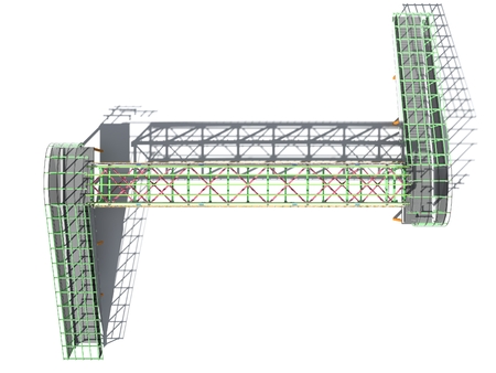 Modern elevated pedestrian crossing of glass and metal. 3D rendering. Structure of metal beams, concrete columns and glass. Isolated on white background.の写真素材