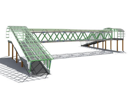Modern elevated pedestrian crossing of glass and metal. 3D rendering. Structure of metal beams, concrete columns and glass. Isolated on white background.の写真素材
