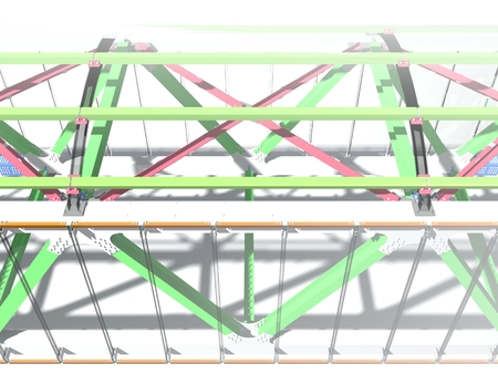 Modern elevated pedestrian crossing of glass and metal. 3D rendering. Structure of metal beams, concrete columns and glass. Isolated on white background.の写真素材