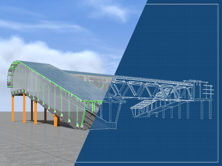 Modern elevated pedestrian crossing of glass and metal. 3D rendering. Structure of metal beams, concrete columns and glass. Drawing blueprint and a model.の写真素材
