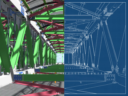 Modern elevated pedestrian crossing of glass and metal. 3D rendering. Structure of metal beams, concrete columns and glass. Drawing blueprint and a model.の写真素材