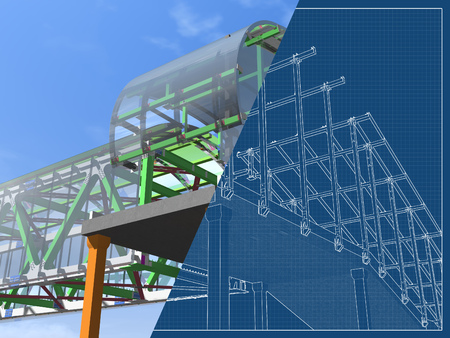 Modern elevated pedestrian crossing of glass and metal. 3D rendering. Structure of metal beams, concrete columns and glass. Drawing blueprint and a model.の写真素材
