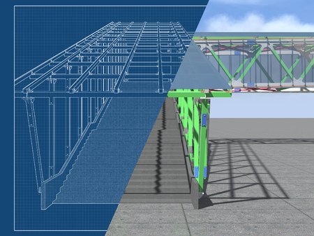 Modern elevated pedestrian crossing of glass and metal. 3D rendering. Structure of metal beams, concrete columns and glass. Drawing blueprint and a model.の写真素材