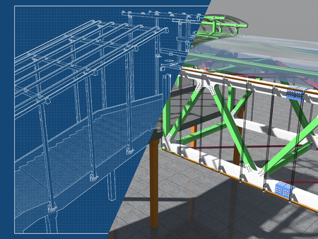 Modern elevated pedestrian crossing of glass and metal. 3D rendering. Structure of metal beams, concrete columns and glass. Drawing blueprint and a model.の写真素材