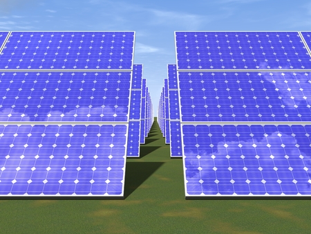 Farm of solar panels for the extraction of environmentally friendly electricity. The concept of clean and green energy. 3D rendering.の写真素材