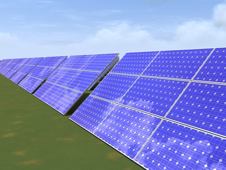 Farm of solar panels for the extraction of environmentally friendly electricity. The concept of clean and green energy. 3D rendering.の写真素材