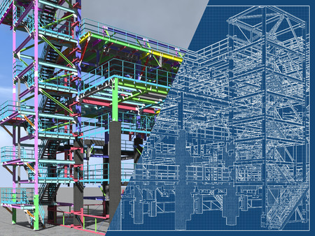 BIM model of a building made of metal construction, metal structure. 3D architectural, construction, industrial and engineering background. 3D rendering. Drawing blueprint.の写真素材