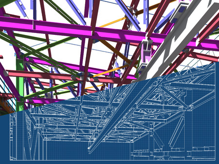 BIM model of a building made of metal construction, metal structure. 3D architectural, construction, industrial and engineering background. 3D rendering. Drawing blueprint.の写真素材