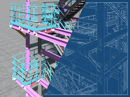BIM model of a building made of metal construction, metal structure. 3D architectural, construction, industrial and engineering background. 3D rendering. Drawing blueprint.の写真素材