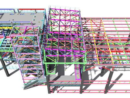 BIM model of a building made of metal construction, metal structure. 3D architectural, construction, industrial and engineering background. 3D rendering. Isolated.の写真素材