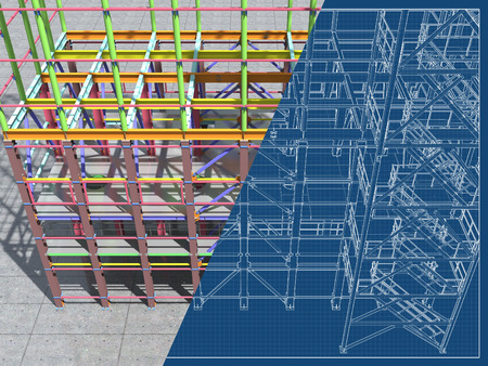 BIM model of a building made of metal structure. 3D architectural, construction, industrial and...