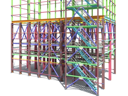 BIM model of a building made of metal structure. 3D architectural, construction, industrial and engineering background. Modern design drawings. 3D rendering. Isolated.の写真素材
