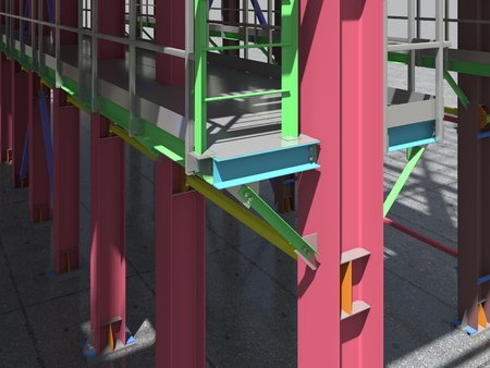 BIM model of a building made of metal structure. 3D architectural, construction, industrial and engineering background. Modern design drawings. 3D rendering.の写真素材