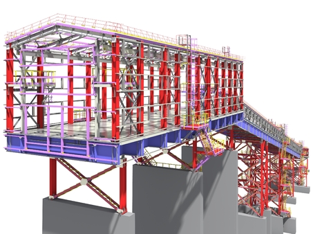 BIM model. 3D structure of building steel structures of industrial transportation gallery. Engineering, construction and industrial background. 3D rendering. Isolated.の写真素材