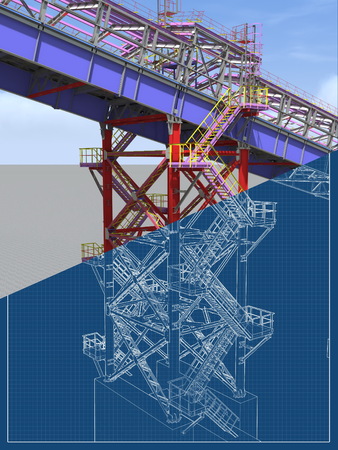 BIM model. 3D structure of building steel structures of industrial transportation gallery. Engineering, construction and industrial background. 3D rendering. Drawing blueprint.の写真素材