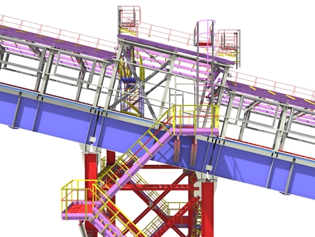 BIM model. 3D structure of building steel structures of industrial transportation gallery. Engineering, construction and industrial background. 3D rendering. Isolated.の写真素材