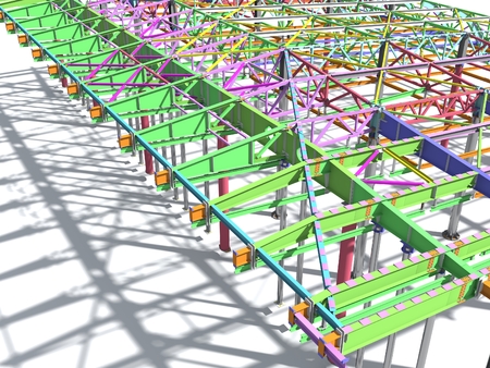 BIM model of metal structure. The building is made of metal structures. Building information model. Architectural, engineering and construction background. 3D rendering. White background.の写真素材