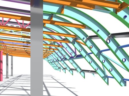 BIM model of metal structure. The building is made of metal structures. Building information model. Architectural, engineering and construction background. 3D rendering. White background.の写真素材