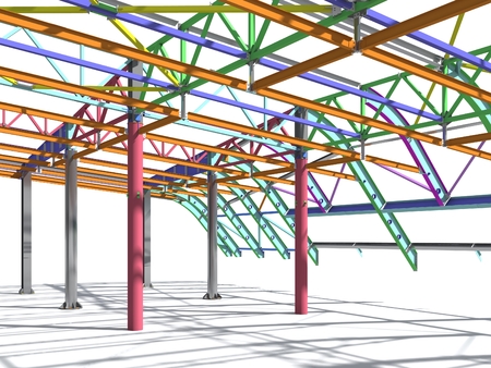BIM model of metal structure. The building is made of metal structures. Building information model. Architectural, engineering and construction background. 3D rendering. White background.の写真素材