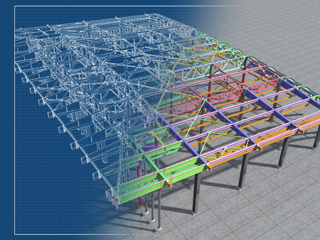 BIM model of metal structure. The building is made of metal structures. Building information model. Architectural, engineering and construction background. 3D rendering. Drawing blueprint.の写真素材