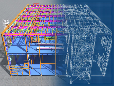 Building Information Model of metal structure. 3D BIM model. The building is of steel columns, beams, connections, etc. 3D rendering. Engineering, industrial, construction BIM background.の写真素材