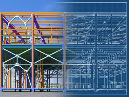 Building Information Model of metal structure. 3D BIM model. The building is of steel columns, beams, connections, etc. 3D rendering. Engineering, industrial, construction BIM background.の写真素材