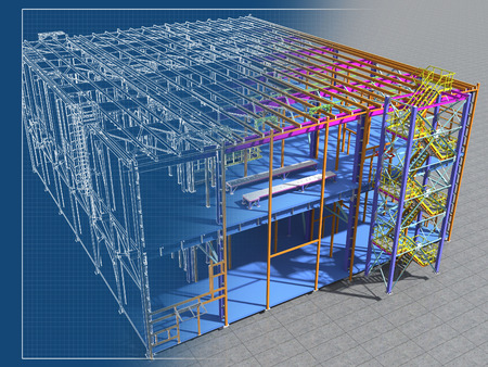 Building Information Model of metal structure. 3D BIM model. The building is of steel columns, beams, connections, etc. 3D rendering. Engineering, industrial, construction BIM background.の写真素材