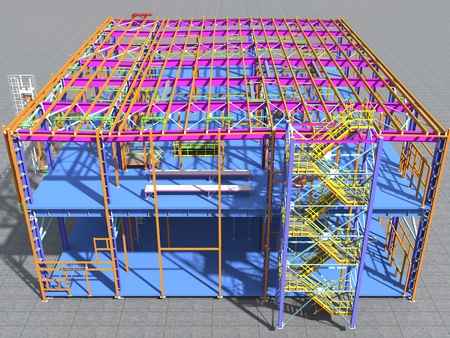 Building Information Model of metal structure. 3D BIM model. The building is of steel columns, beams, connections, etc. 3D rendering. Engineering, industrial, construction BIM background.の写真素材