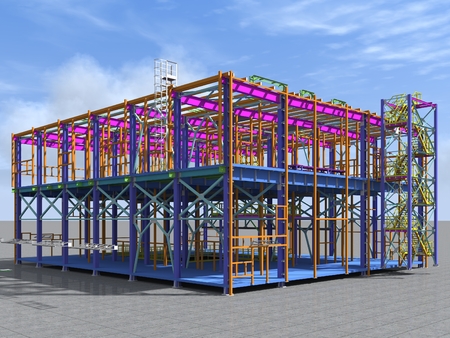 Building Information Model of metal structure. 3D BIM model. The building is of steel columns, beams, connections, etc. 3D rendering. Engineering, industrial, construction BIM background.の写真素材