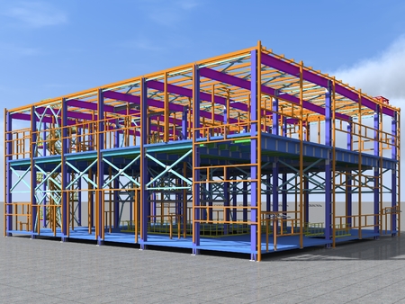 Building Information Model of metal structure. 3D BIM model. The building is of steel columns, beams, connections, etc. 3D rendering. Engineering, industrial, construction BIM background.の写真素材