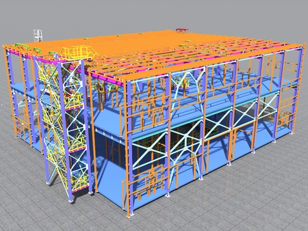 Building Information Model of metal structure. 3D BIM model. The building is of steel columns, beams, connections, etc. 3D rendering. Engineering, industrial, construction BIM background.の写真素材