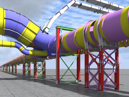 Building Information Model of metal structures of the gas pipeline. 3D BIM model. The building is of steel columns, beams, connections, tubing, etc. 3D rendering. BIM background.の写真素材