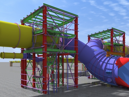 Building Information Model of metal structures of the gas pipeline. 3D BIM model. The building is of steel columns, beams, connections, tubing, etc. 3D rendering. BIM background.の写真素材
