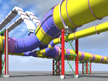 Building Information Model of metal structures of the gas pipeline. 3D BIM model. The building is of steel columns, beams, connections, tubing, etc. 3D rendering. BIM background.の写真素材