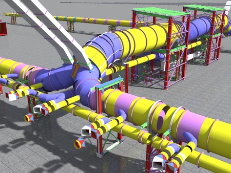 Building Information Model of metal structures of the gas pipeline. 3D BIM model. The building is of steel columns, beams, connections, tubing, etc. 3D rendering. BIM background.の写真素材