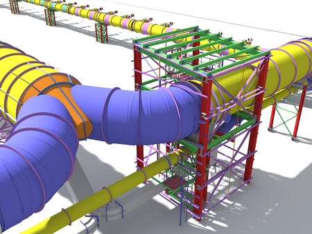 Building Information Model of metal structures of the gas pipeline. 3D BIM model. The building is of steel columns, beams, connections, tubing, etc. 3D rendering. BIM background.の写真素材