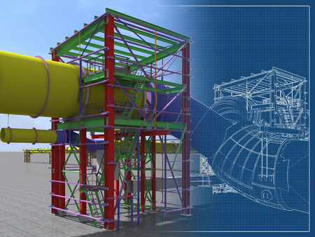 Building Information Model of metal structures of the gas pipeline. 3D BIM model. The building is of steel columns, beams, connections, tubing, etc. 3D rendering. BIM background.の写真素材