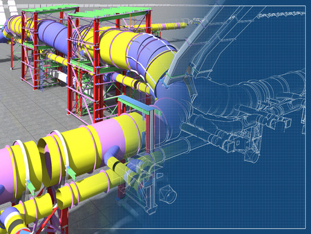 Building Information Model of metal structures of the gas pipeline. 3D BIM model. The building is of steel columns, beams, connections, tubing, etc. 3D rendering. BIM background.の写真素材