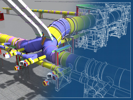 Building Information Model of metal structures of the gas pipeline. 3D BIM model. The building is of steel columns, beams, connections, tubing, etc. 3D rendering. BIM background.の写真素材