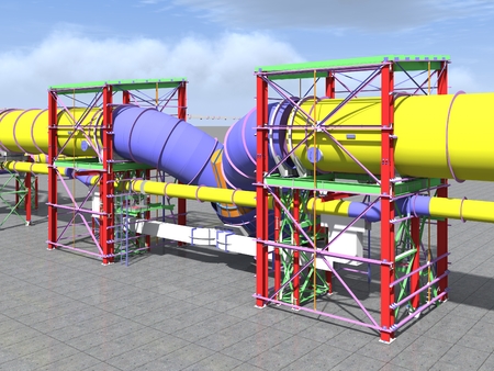 Building Information Model of metal structures of the gas pipeline. 3D BIM model. The building is of steel columns, beams, connections, tubing, etc. 3D rendering. BIM background.の写真素材