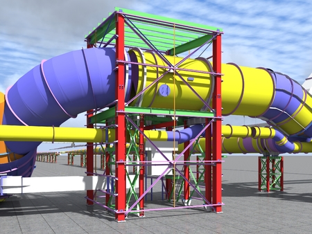 Building Information Model of metal structures of the gas pipeline. 3D BIM model. The building is of steel columns, beams, connections, tubing, etc. 3D rendering. BIM background.の写真素材