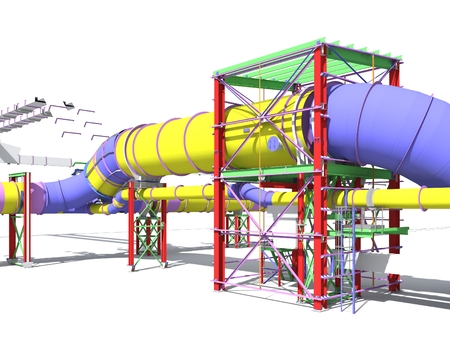 Building Information Model of metal structures of the gas pipeline. 3D BIM model. The building is of steel columns, beams, connections, tubing, etc. 3D rendering. BIM background.の写真素材