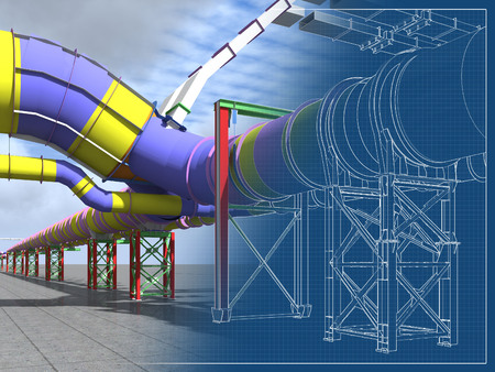 Building Information Model of metal structures of the gas pipeline. 3D BIM model. The building is of steel columns, beams, connections, tubing, etc. 3D rendering. BIM background.の写真素材