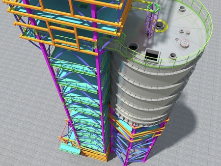 BIM model of a building with a tank made of metal structures. Drawing columns, beams, railings. Building Information Modeling for owners, managers, designers, engineers, and contractors. 3D rendering.の写真素材