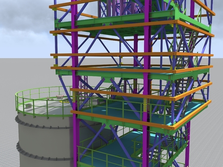 BIM model of a building with a tank made of metal structures. Drawing columns, beams, railings. Building Information Modeling for owners, managers, designers, engineers, and contractors. 3D rendering.の写真素材