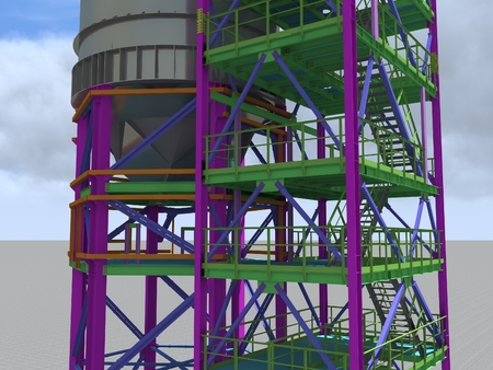 BIM model of a building with a tank made of metal structures. Drawing columns, beams, railings. Building Information Modeling for owners, managers, designers, engineers, and contractors. 3D rendering.の写真素材