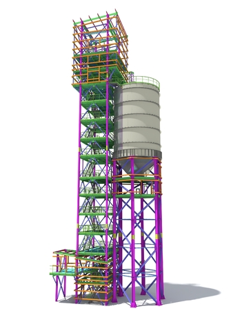 BIM model of a building with a tank made of metal structures. Drawing columns, beams, railings. Building Information Modeling for owners, managers, designers, engineers, and contractors. 3D rendering.の写真素材